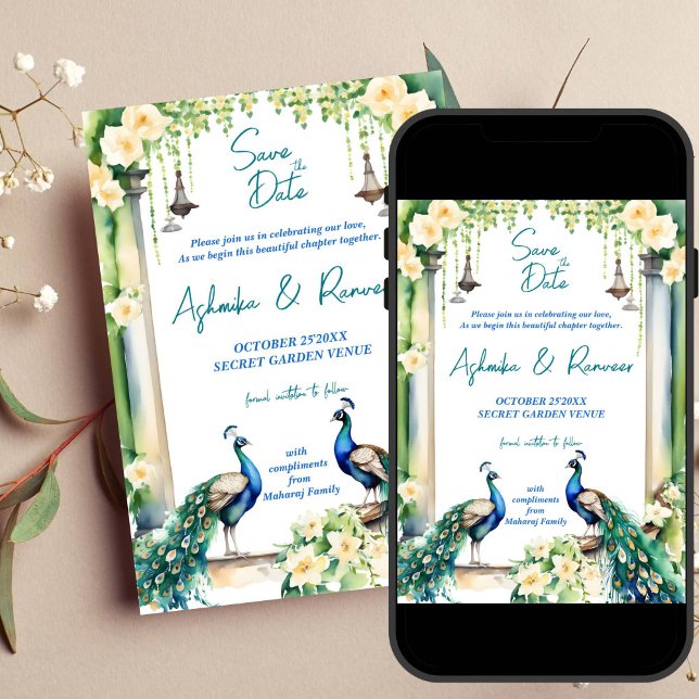Peacock and jasmine Indian wedding save the date Invitation (Peacock jasmine garden Indian wedding save the date editable template invitation digital download)