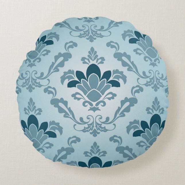 Peacock and Light Blue Fleur De Lis Round Pillow (Front)