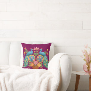 Peacock and Lotus Festive Throw Pillow