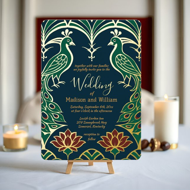 Peacock and Lotus Wedding Elegant Deco Regal Blue (Elegant peacock gold foil wedding invitation Inspired by Art Deco with royal jewel tones & dark blue)