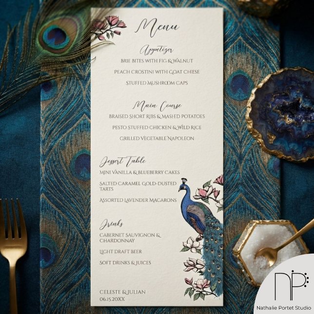 Peacock and Magnolia Hand-Drawn Wedding Menu (Elegant hand-drawn blue and teal peacock menu for a peacock-themed wedding)