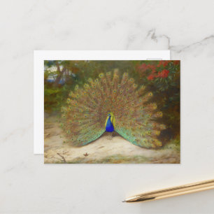 Peacock and Peacock Butterfly, Art Illustration Postcard