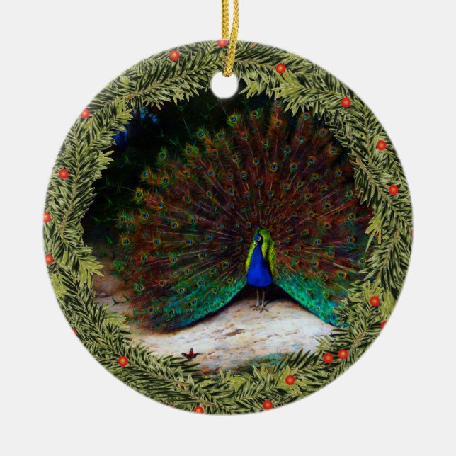 Peacock and Peacock Butterfly Ceramic Tree Decoration (Front)