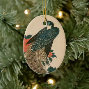 Peacock and Peonies by Hiroshige, Japanese Art Ceramic Tree Decoration