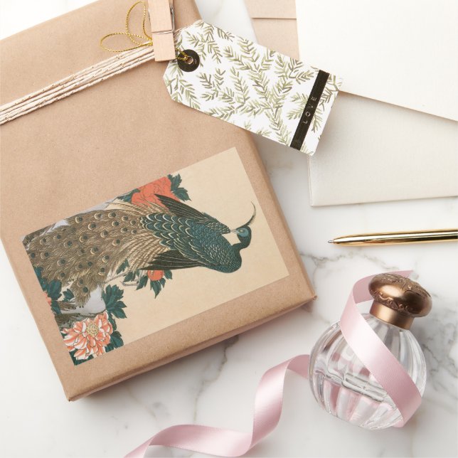 Peacock and Peonies by Hiroshige, Japanese Art Rectangular Sticker (Gifting)