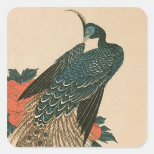 Peacock and Peonies by Hiroshige, Japanese Art Square Sticker