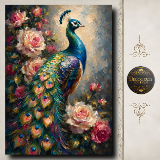 Peacock and Pink Roses Decoupage Tissue Paper