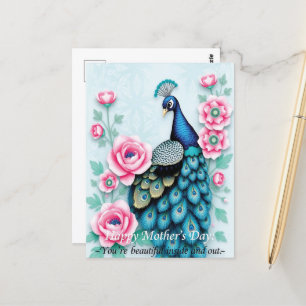 Peacock and Pink Roses Mothers Day  Postcard