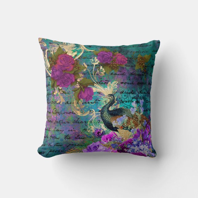 Peacock and Purple Flowers Cushion (Front)