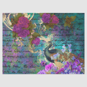Peacock and Purple Flowers Decoupage Tissue Paper