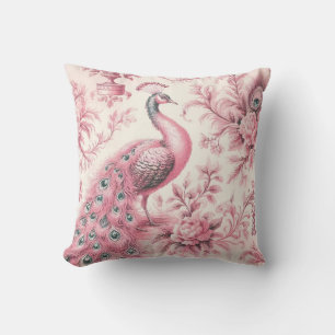Peacock and roses pink cushion