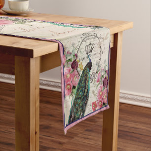 Peacock and spring flowers short table runner