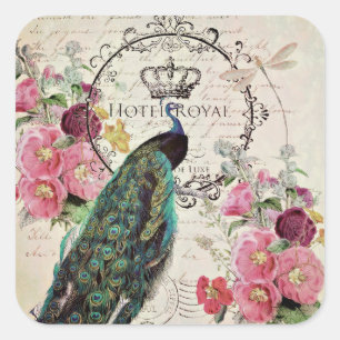Peacock and spring flowers square sticker