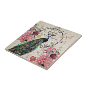 Peacock and spring flowers tile