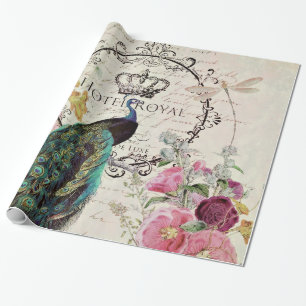 Peacock and spring flowers wrapping paper