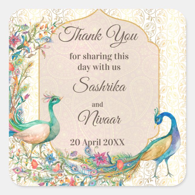 Peacock Arabian pattern Indian wedding favour gift Square Sticker (Front)