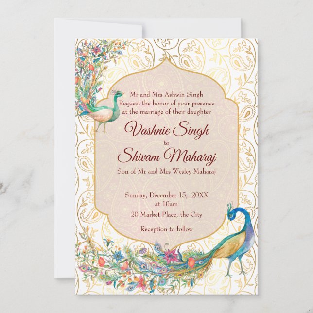 Peacock Arabian pattern Indian wedding invitation (Front)