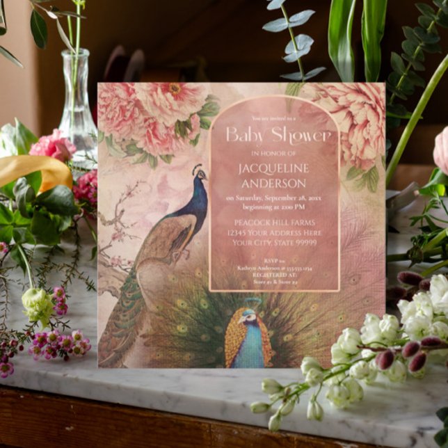 Peacock Arch Blush Pink Peony Flower Baby Shower Invitation (Creator Uploaded)