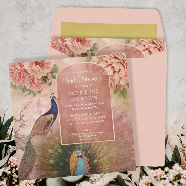Peacock Arch Blush Pink Peony Flower Bridal Shower Invitation (Creator Uploaded)