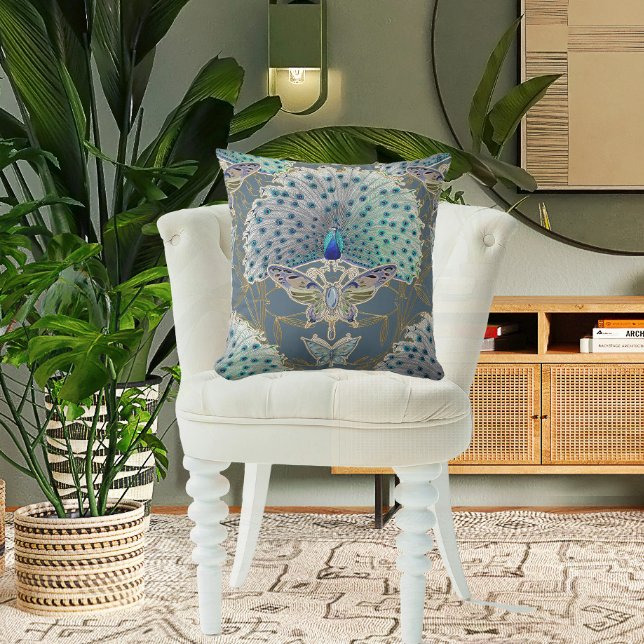 Peacock Art Deco Nouveau Slate Blue Butterfly    Cushion (Creator Uploaded)