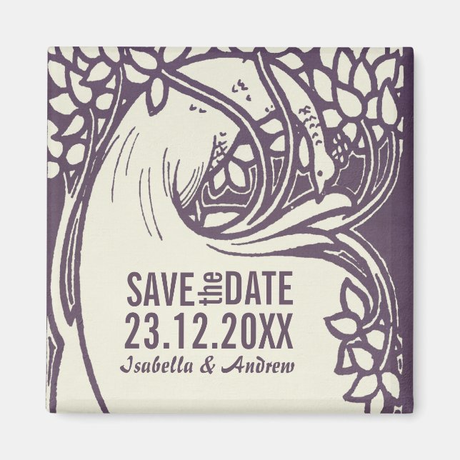 Peacock art deco violet and ivory save the date magnet (Front)