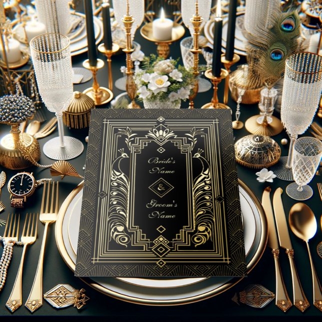 Peacock Art Deco Wedding Invitation Real Gold Foil (Regal Peacock Art Deco Wedding Invitation, luxurious gold foil accents and exquisite vintage charm.)