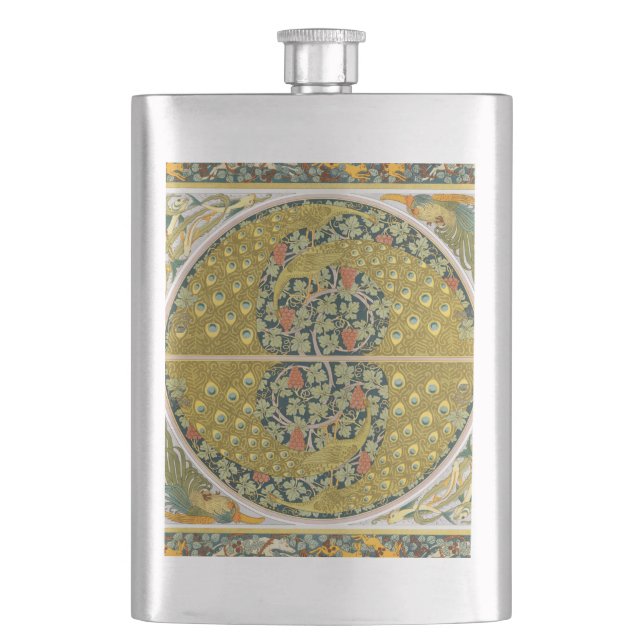 Peacock Art Nouveau Style round intricate design Hip Flask (Front)