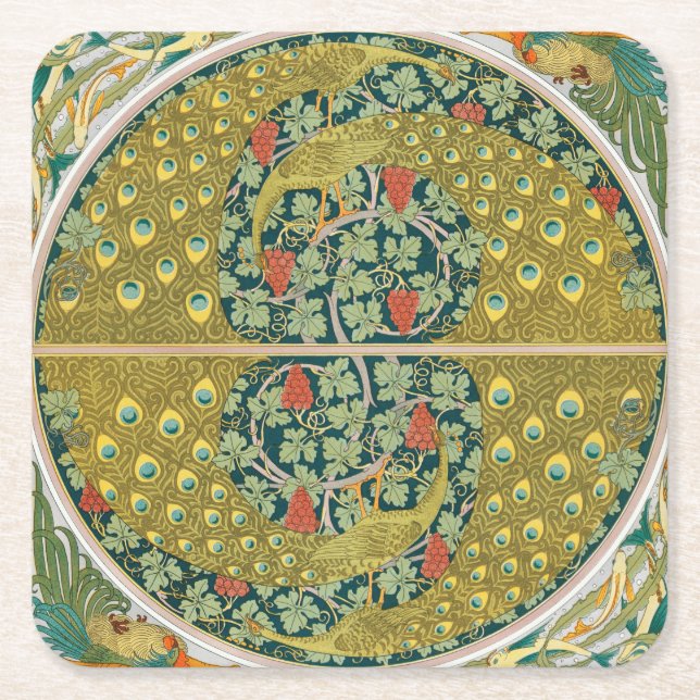 Peacock Art Nouveau Style round intricate design Square Paper Coaster (Front)