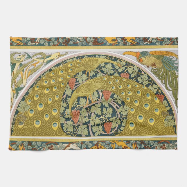 Peacock Art Nouveau Style round intricate design Tea Towel (Horizontal)