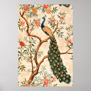 Peacock Art Print Floral Elegance, Vibrant Nature