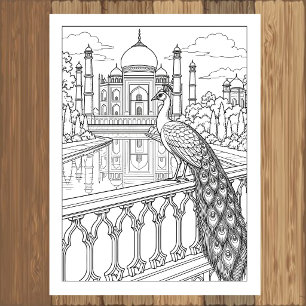 Peacock at the Taj Mahal Coloring Poster