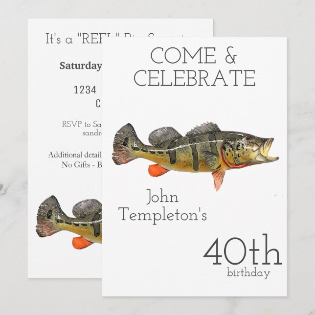 Peacock Bass Fishing Adult Men's Birthday 40th Invitation (Front/Back)
