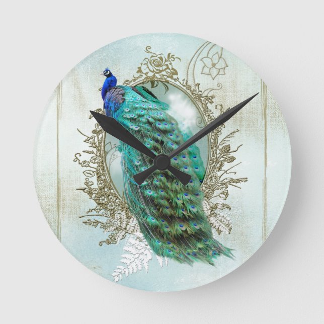 peacock beautiful turquoise vintage shabby bird round clock (Front)