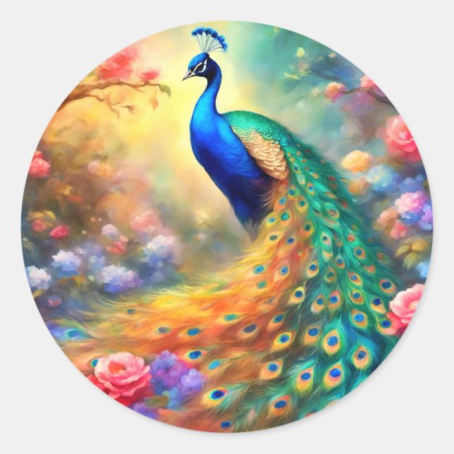 Peacock Bird 100 with flowers Classic Round Sticker (Front)