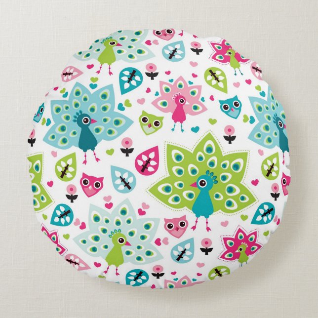 peacock bird and owl round cushion (Front)