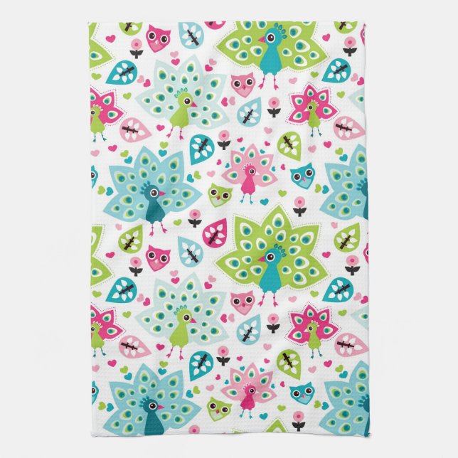 peacock bird and owl tea towel (Vertical)