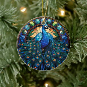 Peacock Bird Ceramic Decor Stained glass look Tree Decoration