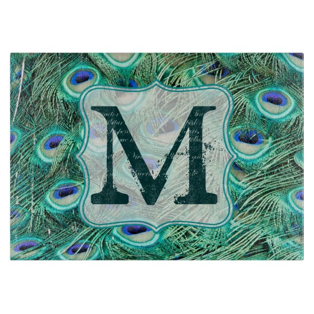 Peacock Bird Feather Monogram Glass Cutting Board (Front)