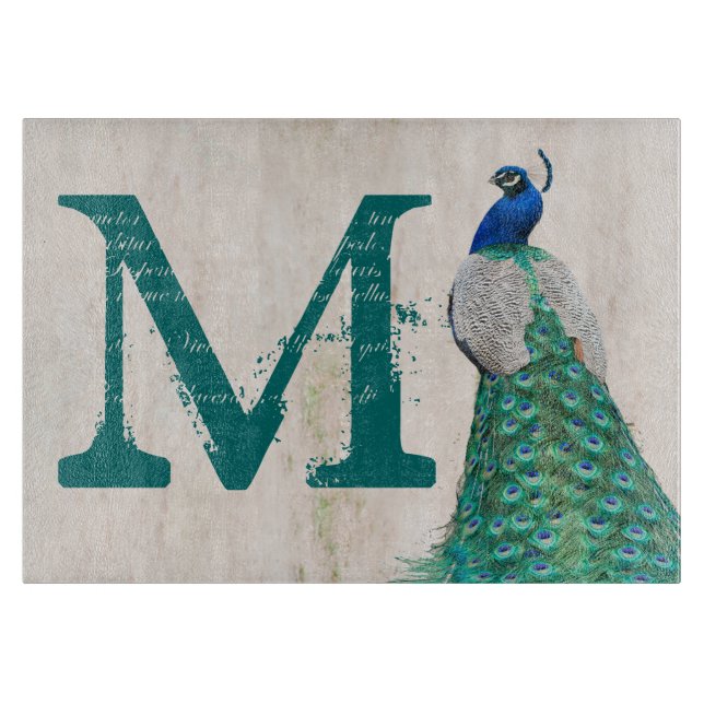 Peacock Bird Feather Monogram Glass Cutting Board (Front)