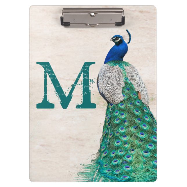 Peacock Bird Feather Monogram Initial Clip Board (Front)