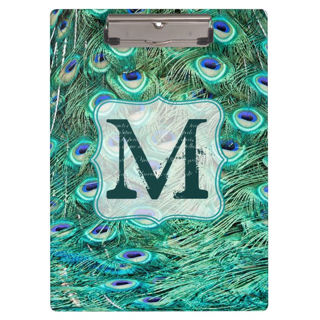 Peacock Bird Feather Monogram Initial Clip Board (Front)