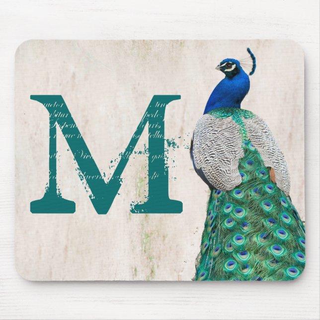Peacock Bird Feather Monogram Initial Mouse Pad (Front)