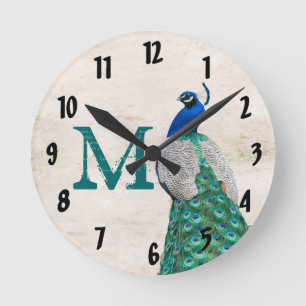 Peacock Bird Feather Monogram Initial Wall Clock