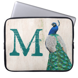 Peacock Bird Feather Teal Monogram 15" Laptop Case