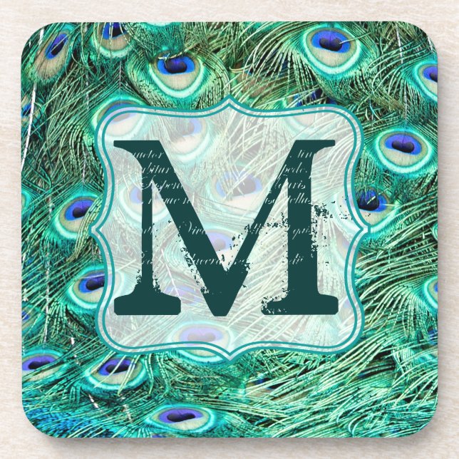 Peacock Bird Feather Teal Monogram Drink Coaster (Front)