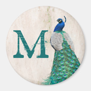 Peacock Bird Feather Teal Monogram Initial Magnet