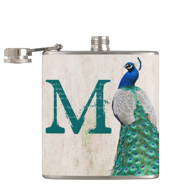 Peacock Bird Feather Teal Monogram Whiskey Flask (Opened)