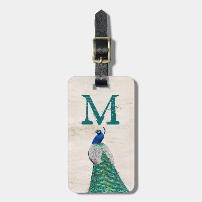 Peacock Bird Feather Teal Tur Monogram Luggage Tag (Front Vertical)