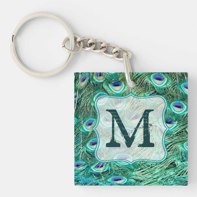 Peacock Bird Feather Teal Turquoise Vint Key Chain (Front)