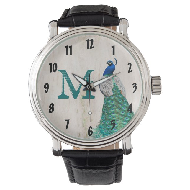 Peacock Bird Feather Teal Turquoise Vintage Watch (Front)